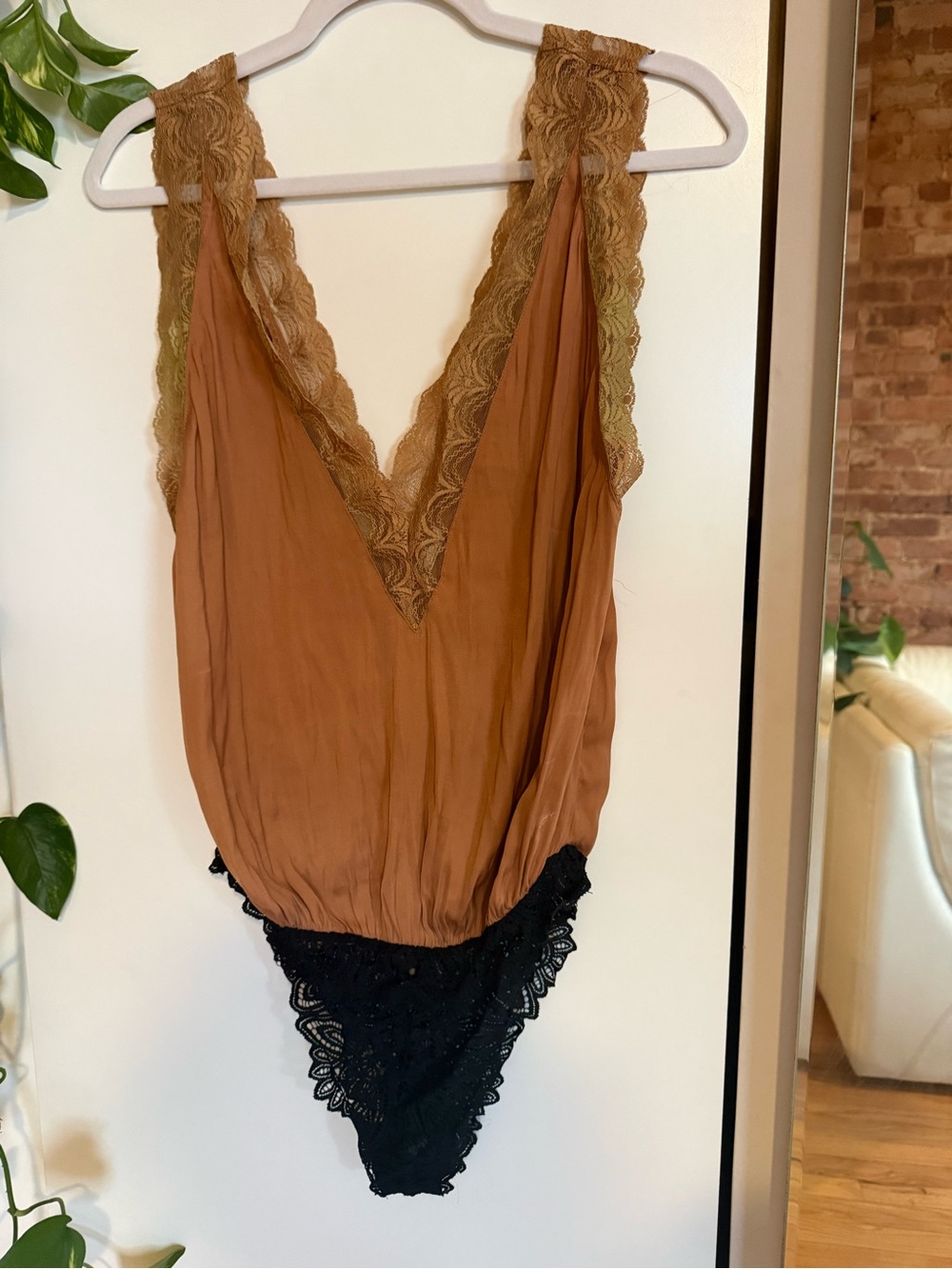 Free People Rust Brown and Black Lace-Trim V-Neck Bodysuit
